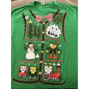 Holiday T Shirt Mens Size XL Green With Christmas Kittens Smowman Characters